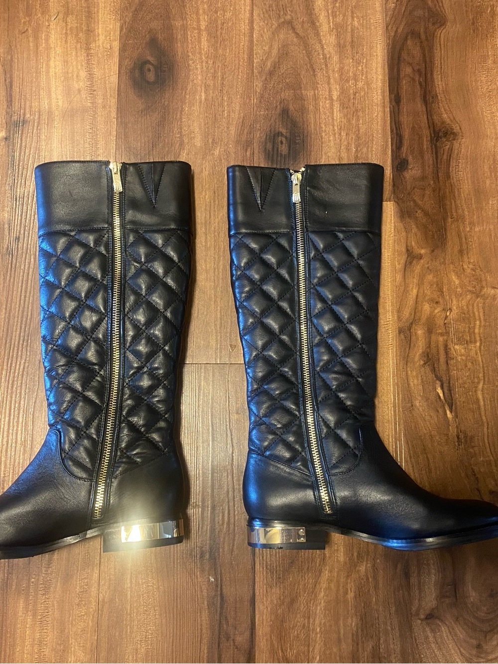 Vince Camuto Black Quilted Knee-High Boots with Gold Heel Trim